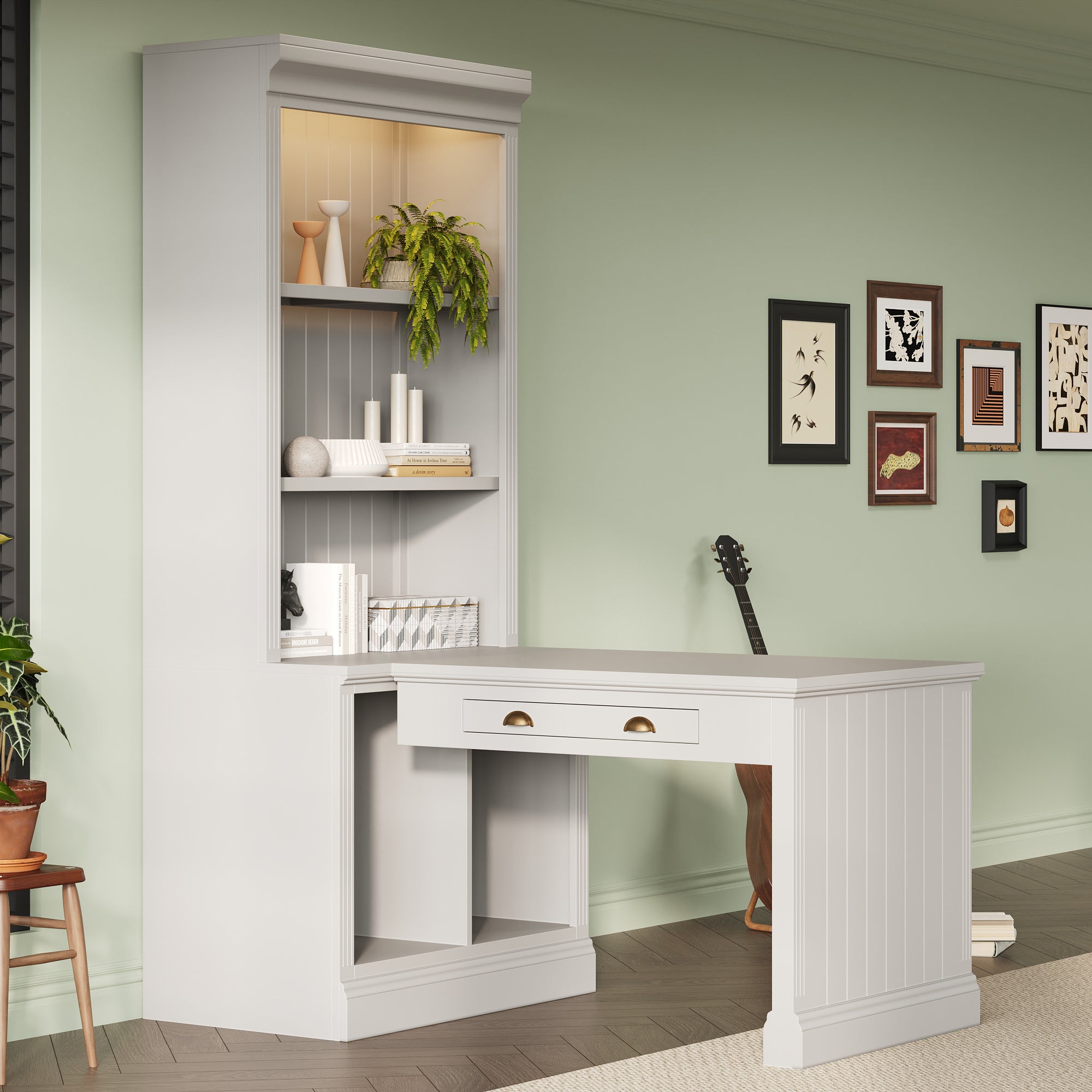White tall bookshelf with writing desk and LED light — front view