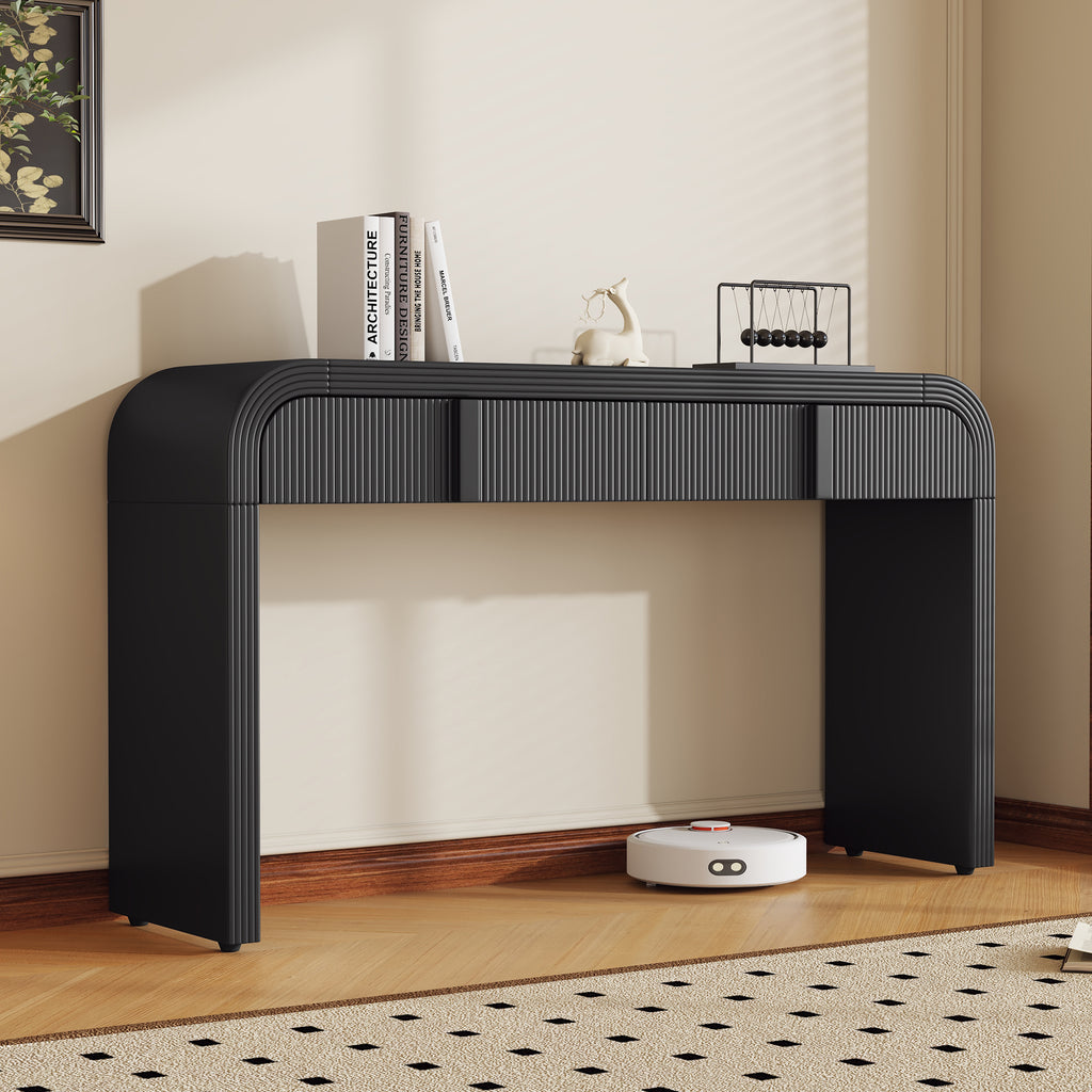 Black modern console table fluted drawers — front view