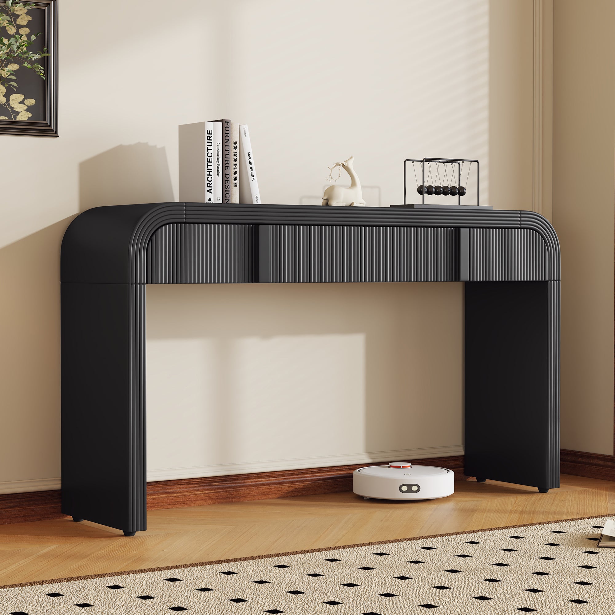 Black modern console table fluted drawers — front view
