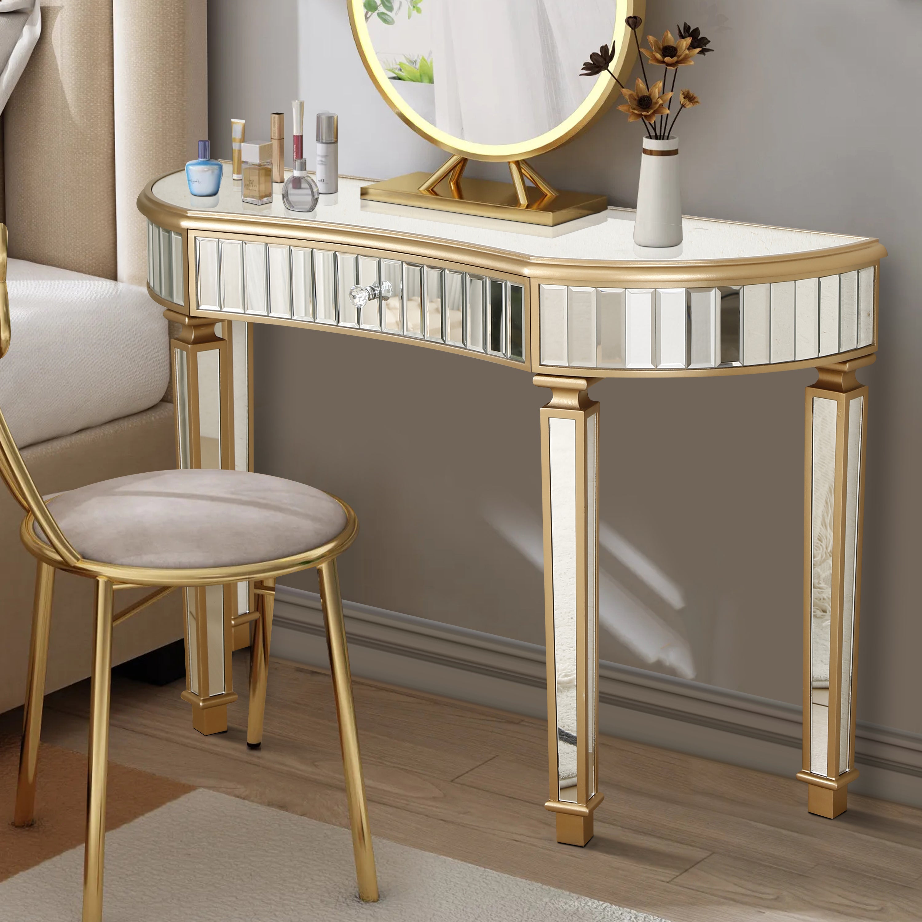 47 inch fluted mirrored console table with crystal drawer knob