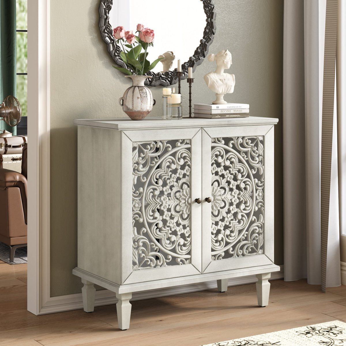 Vintage Hollow-Carved Accent Cabinet, 2-Door Display Storage Sideboard with Symmetrical Floral Design, Adjustable Shelf and Solid Wood Legs for Living Room Entryway(Antique Green)
