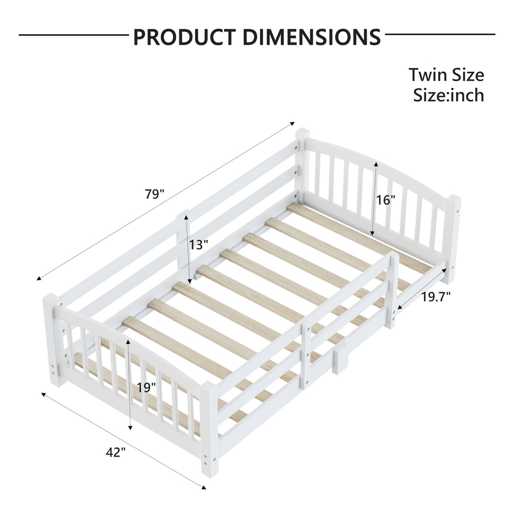 Twin Montessori Floor Bed with Slats and Safety Guardrails, Solid Wood Floor Bed with Fence and Without Door, Easy Assemble Montessori Bed for Girls and Boys, Gray