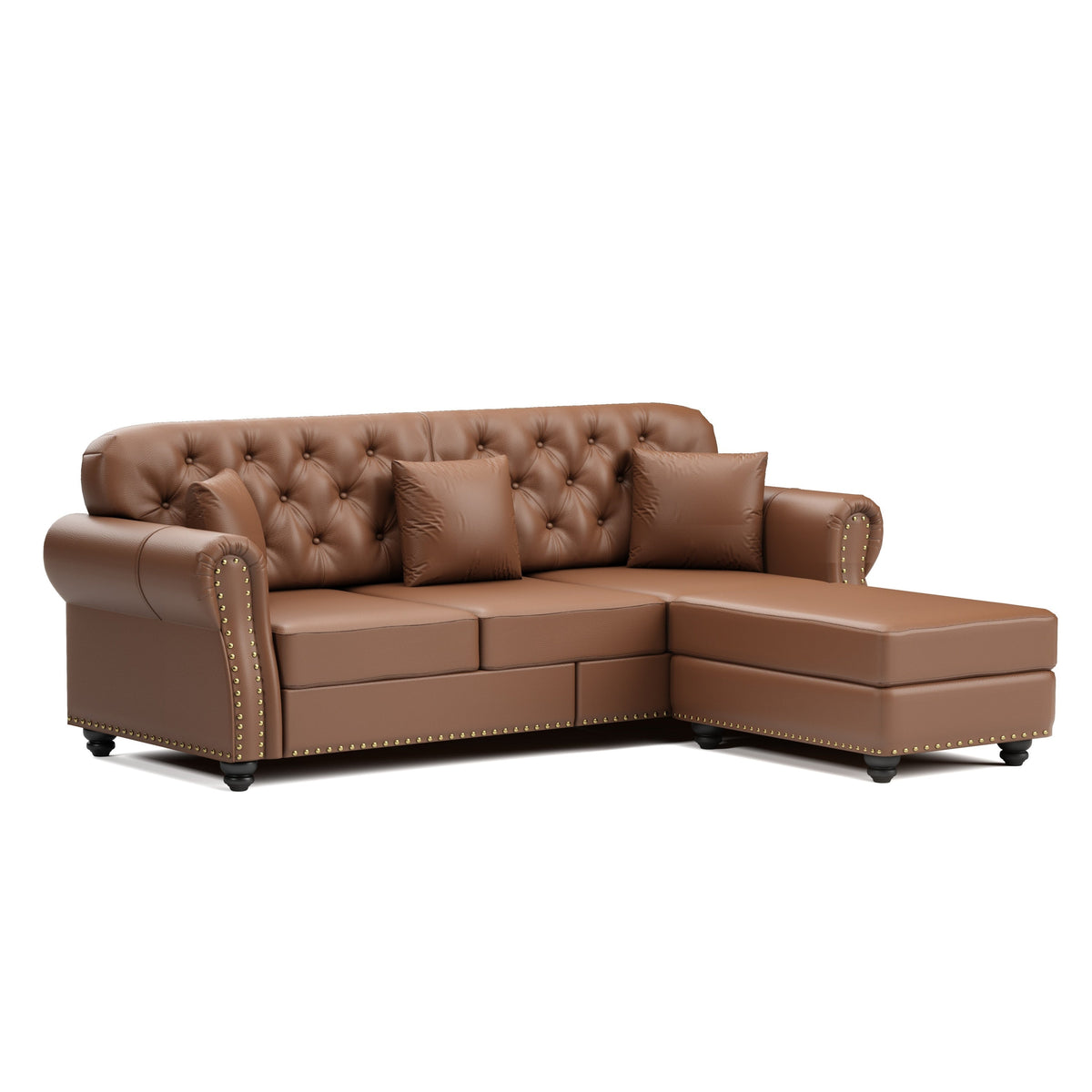 82.6'Upholstered Faux Leather Sofa with Nailhead Trim and Rolled Armrests,Mid-Century Modern Chesterfield Sofa with Button Tufted,Includes 3 Pillows,Black