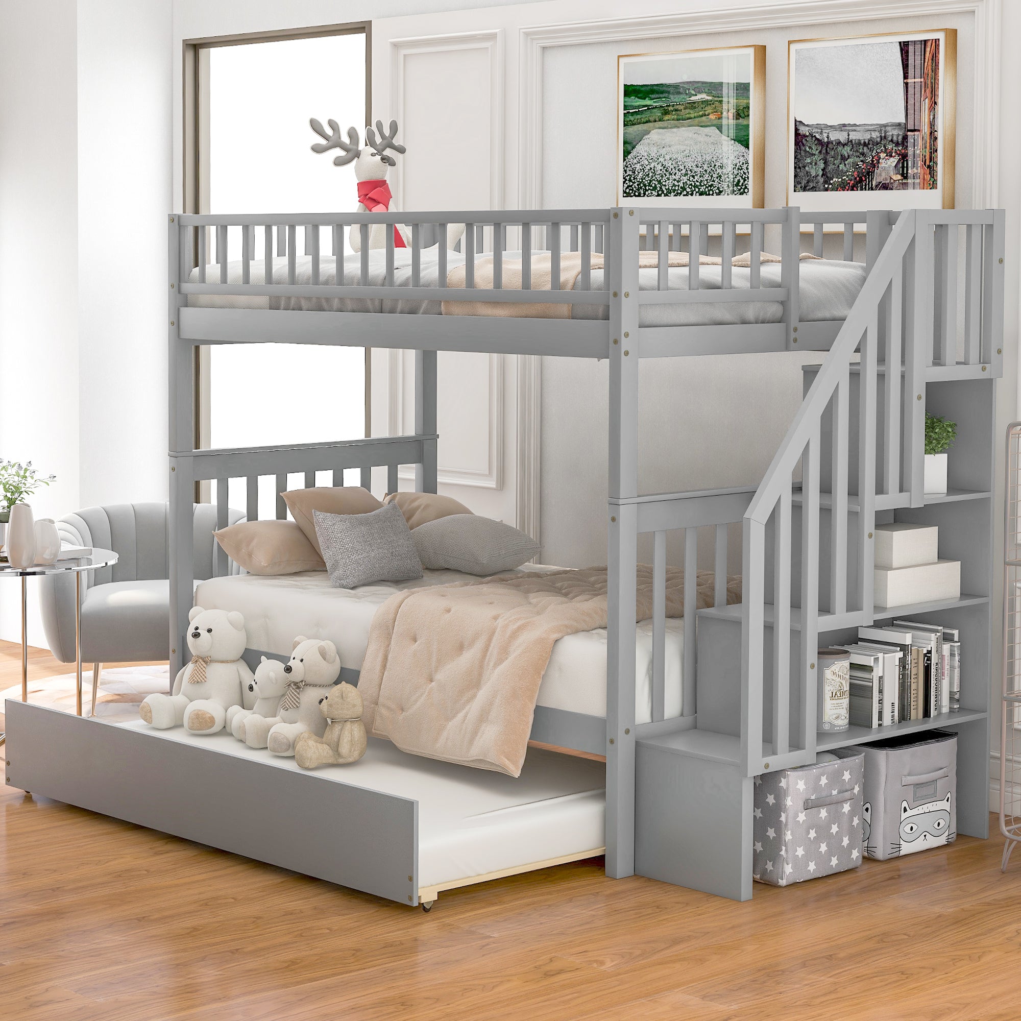 Twin bunk bed guardrail and upper bunk view