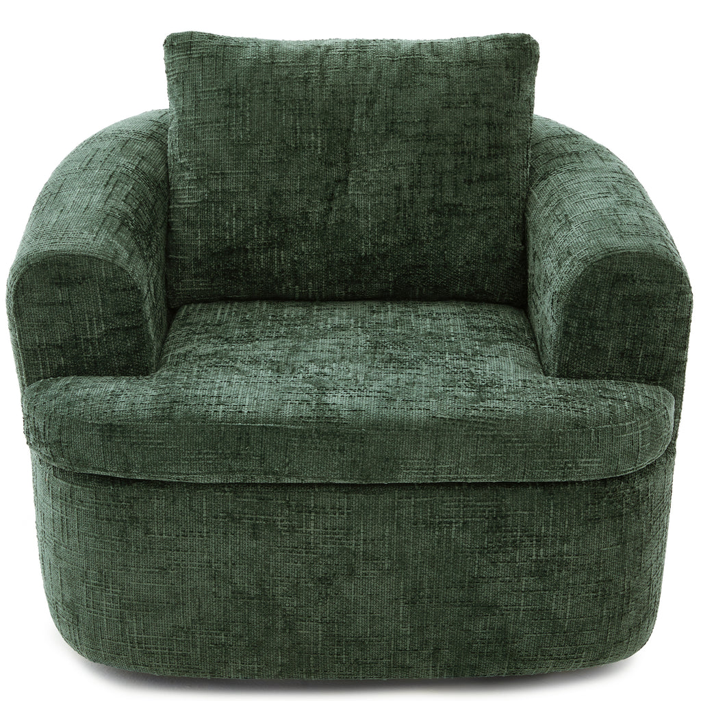 Green chenille swivel barrel accent chair — front view