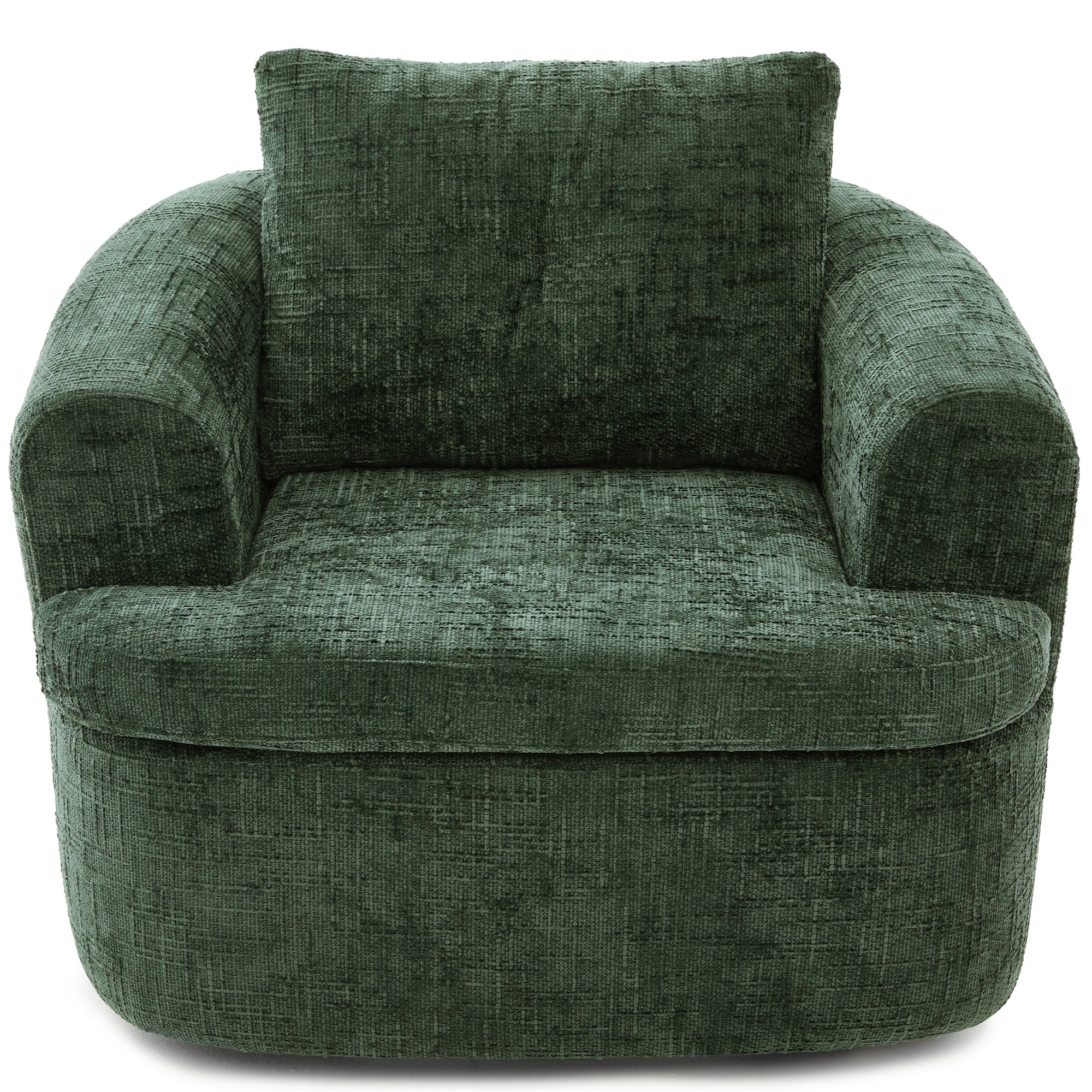 Green chenille swivel barrel accent chair — front view