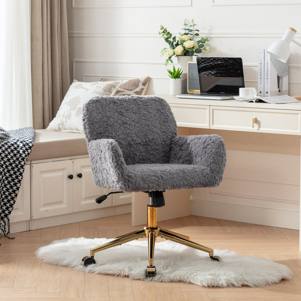 Faux Fur Office Chair — 40° Reclining with Gold Metal Base & Wheels