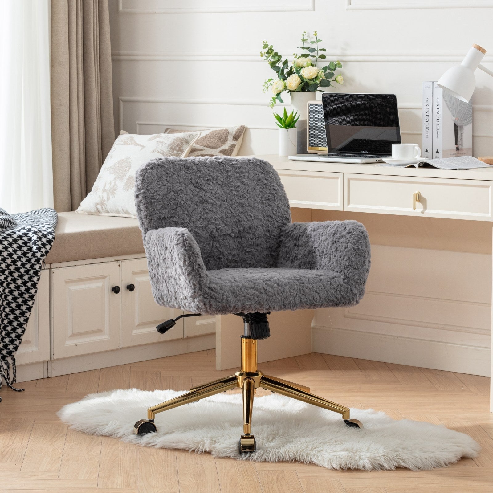 Faux Fur Office Chair — 40° Reclining with Gold Metal Base & Wheels