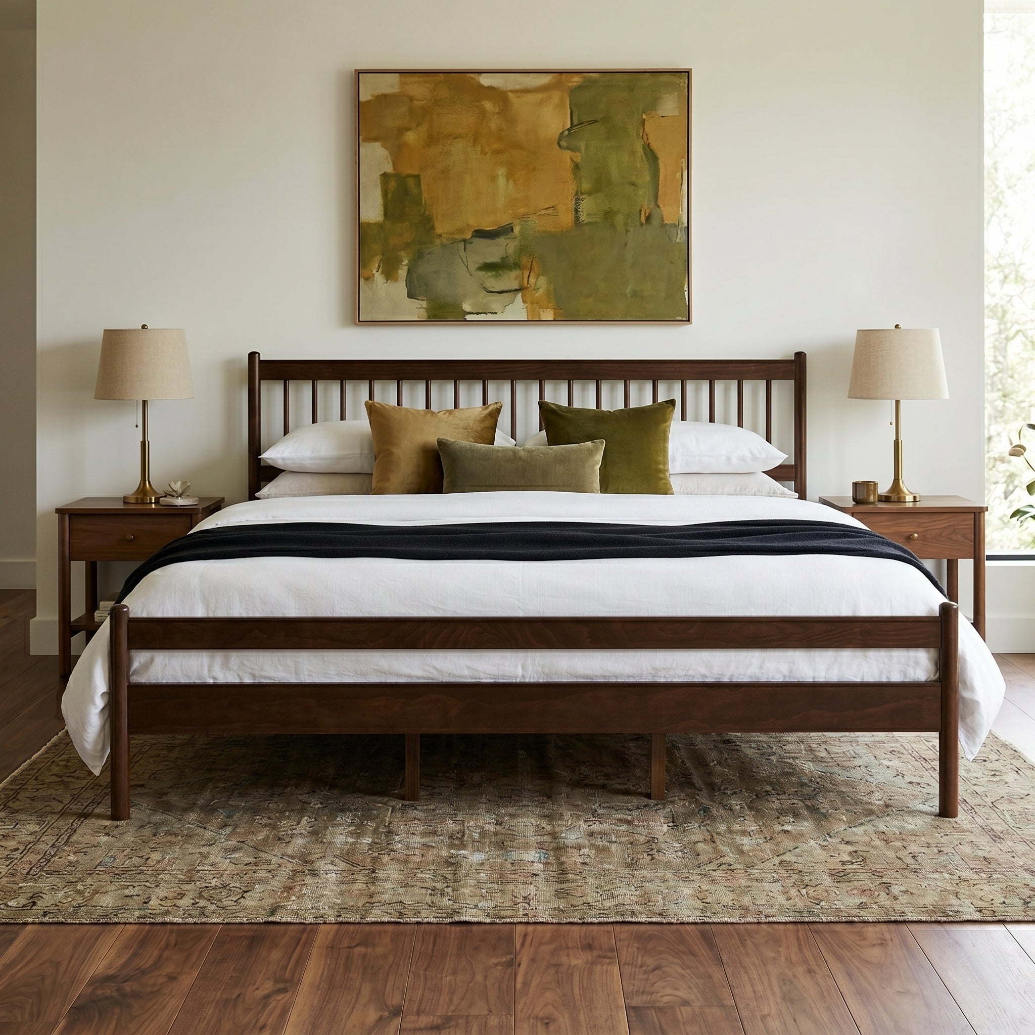 Traditional Style King Size Bed with Headboard and Footboard, Pinewood Bed with Strengthened Bed Frame,Walnut