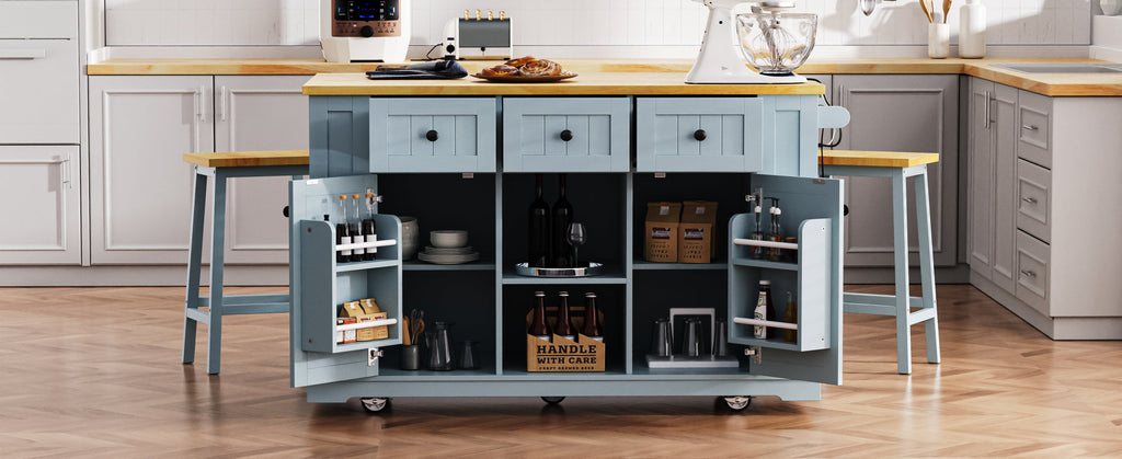 K&K 53inch Large Kitchen Island with Drop Leaf,Power Outlet,Door Internal Storage Rack,Rolling Kitchen Cart on 5 Wheels with 5 Open Side Racks for Kitchen,Black(Two Packages)(Stools not included)