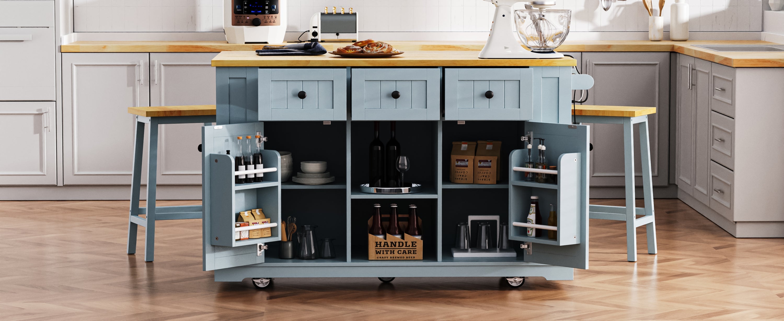 K&K 53inch Large Kitchen Island with Drop Leaf,Power Outlet,Door Internal Storage Rack,Rolling Kitchen Cart on 5 Wheels with 5 Open Side Racks for Kitchen,Black(Two Packages)(Stools not included)