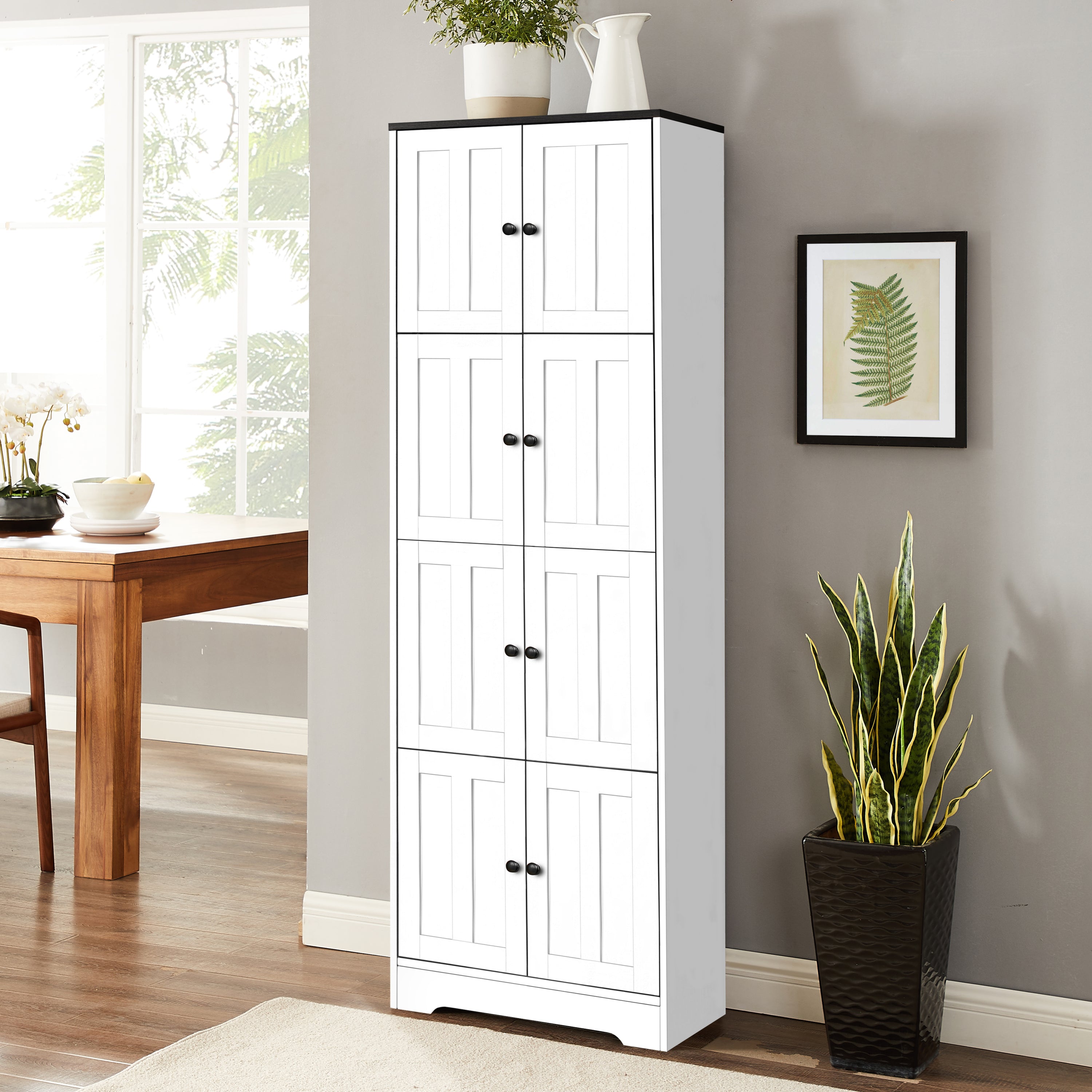 White tall cabinet independent door compartments detail