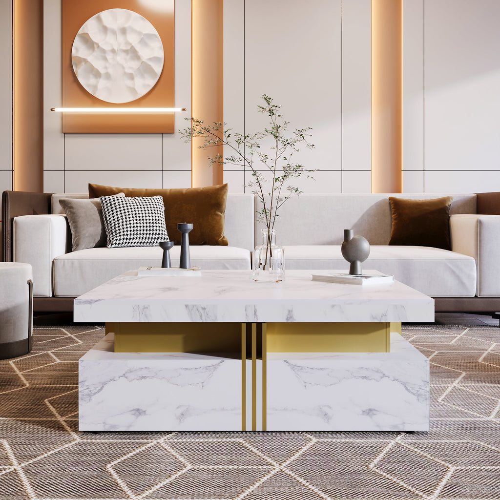 Square Storage Coffee Table — 4 Drawers & Gold Accents