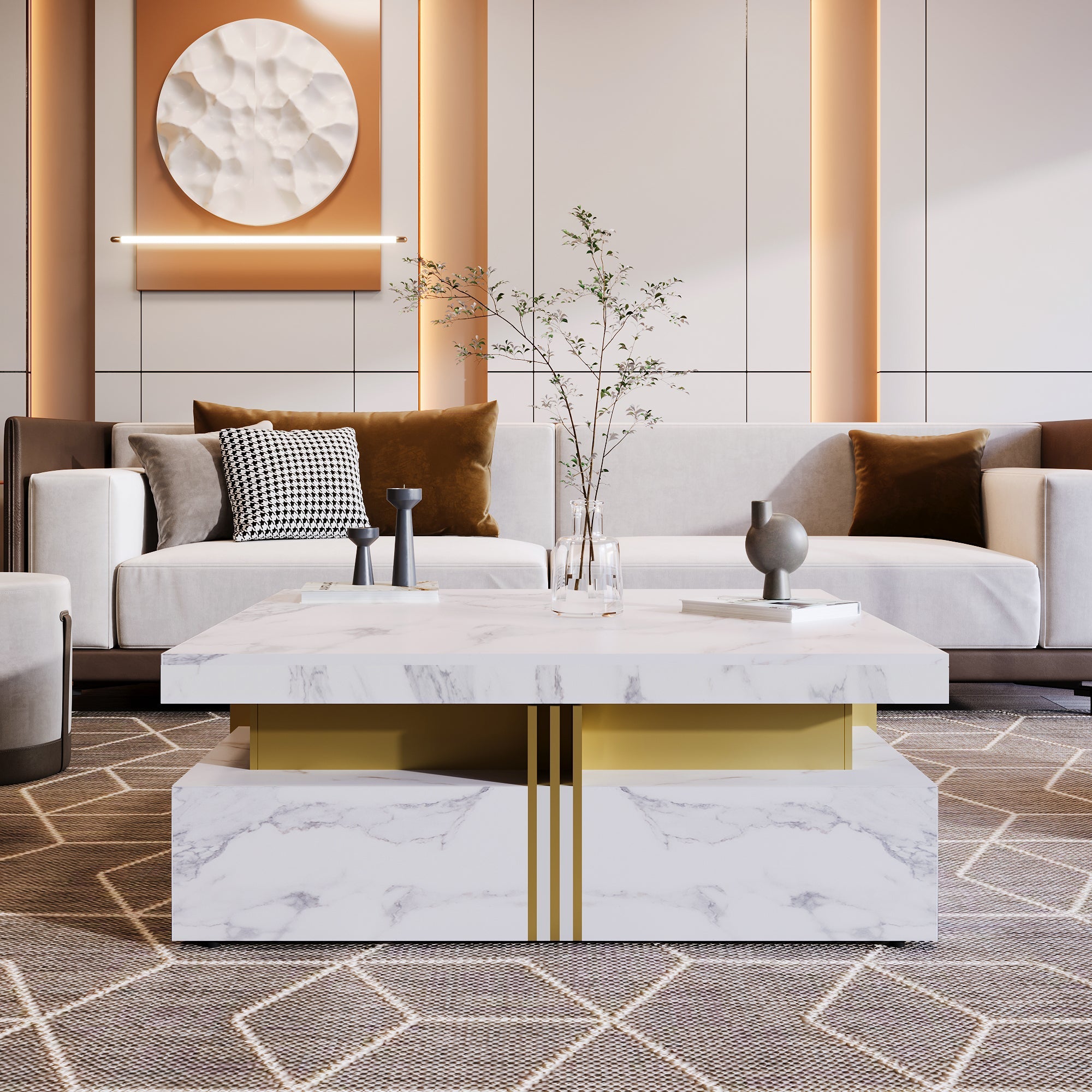 Square Storage Coffee Table — 4 Drawers & Gold Accents