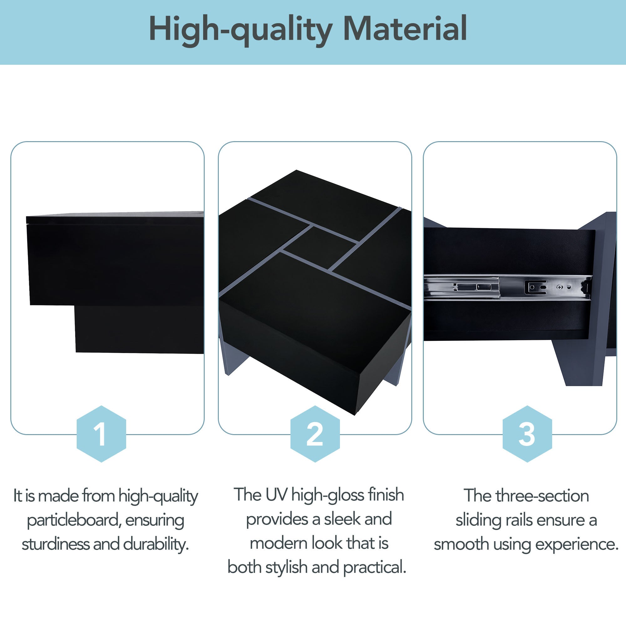 Black square center table extendable sections detail