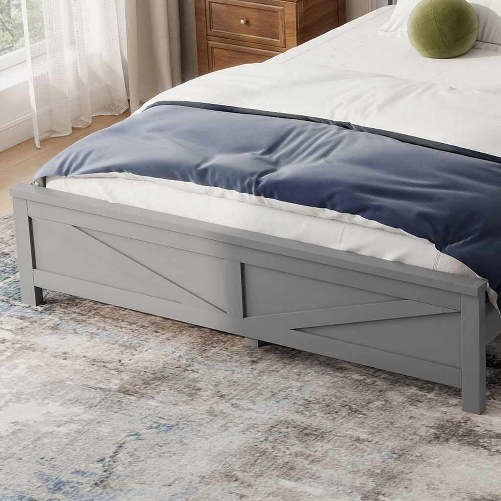 Farmhouse Style Queen Size Bed with Barn Door Designed Headboard and Footboard, Pinewood Bed with Strengthened Bed Frame ,White