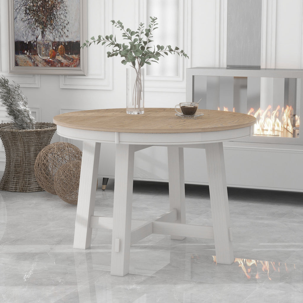 Farmhouse round dining table oak veneer top antique white base