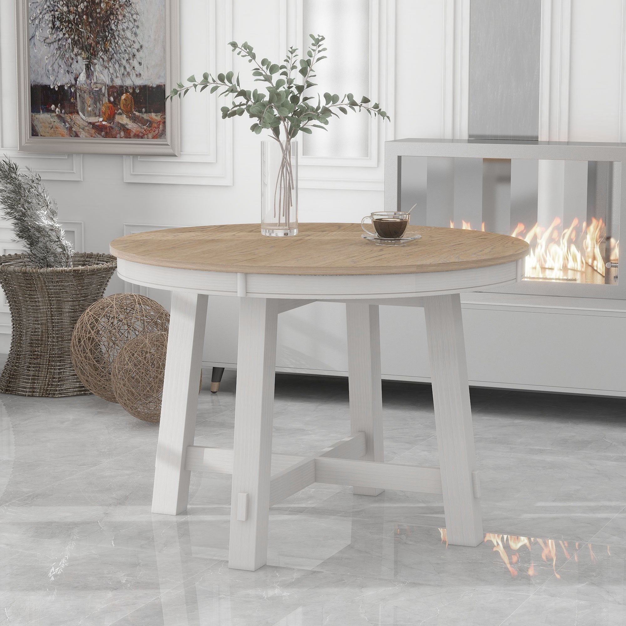 Farmhouse round dining table oak veneer top antique white base