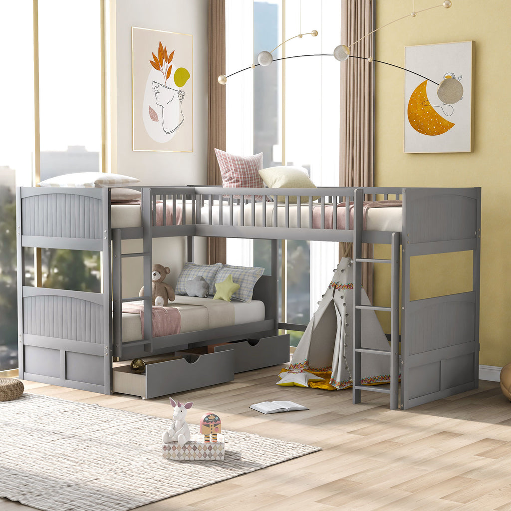 Gray twin bunk bed with loft and two drawers — front view
