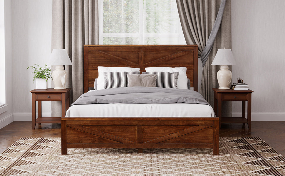 Farmhouse Style Queen Size Bed with Barn Door Designed Headboard and Footboard, Pinewood Bed with Strengthened Bed Frame ,White