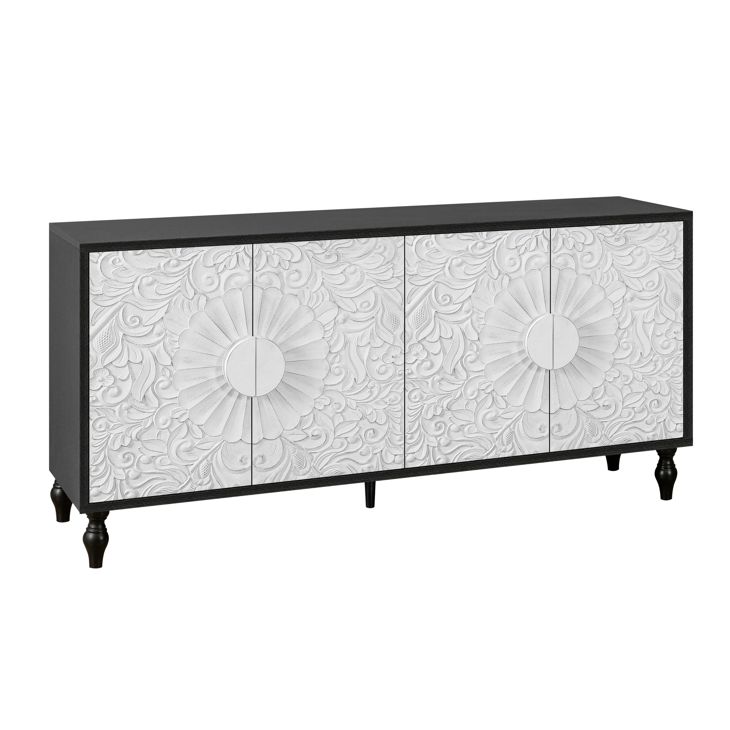 Black frame sideboard cabinet door open interior