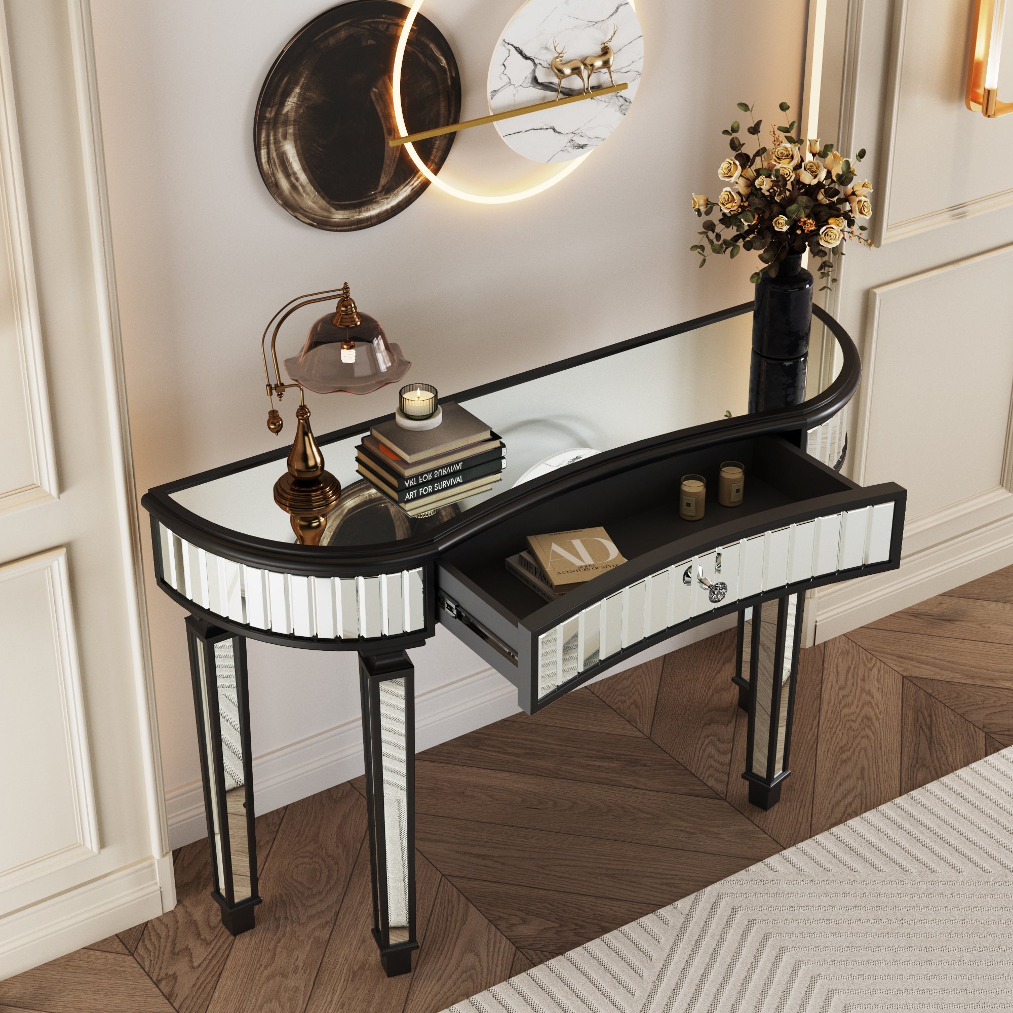 47" Half-Moon Mirrored Console Table — Fluted Glass & Crystal Drawer