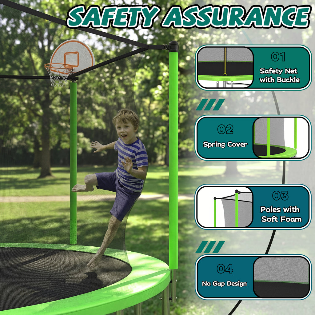 Green kids outdoor trampoline with basketball hoop full view