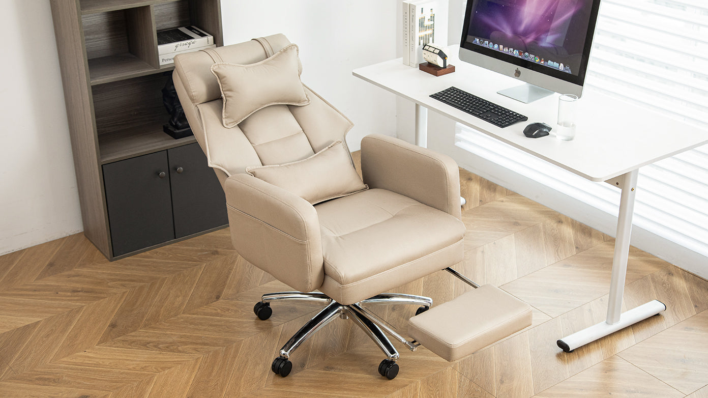 High back beige office chair with lumbar support angle view