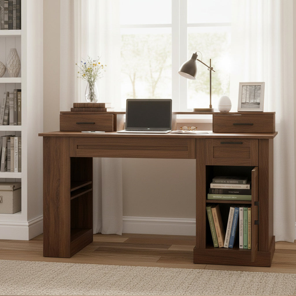 Farmhouse office desk built-in charging hub with AC USB and Type-C ports