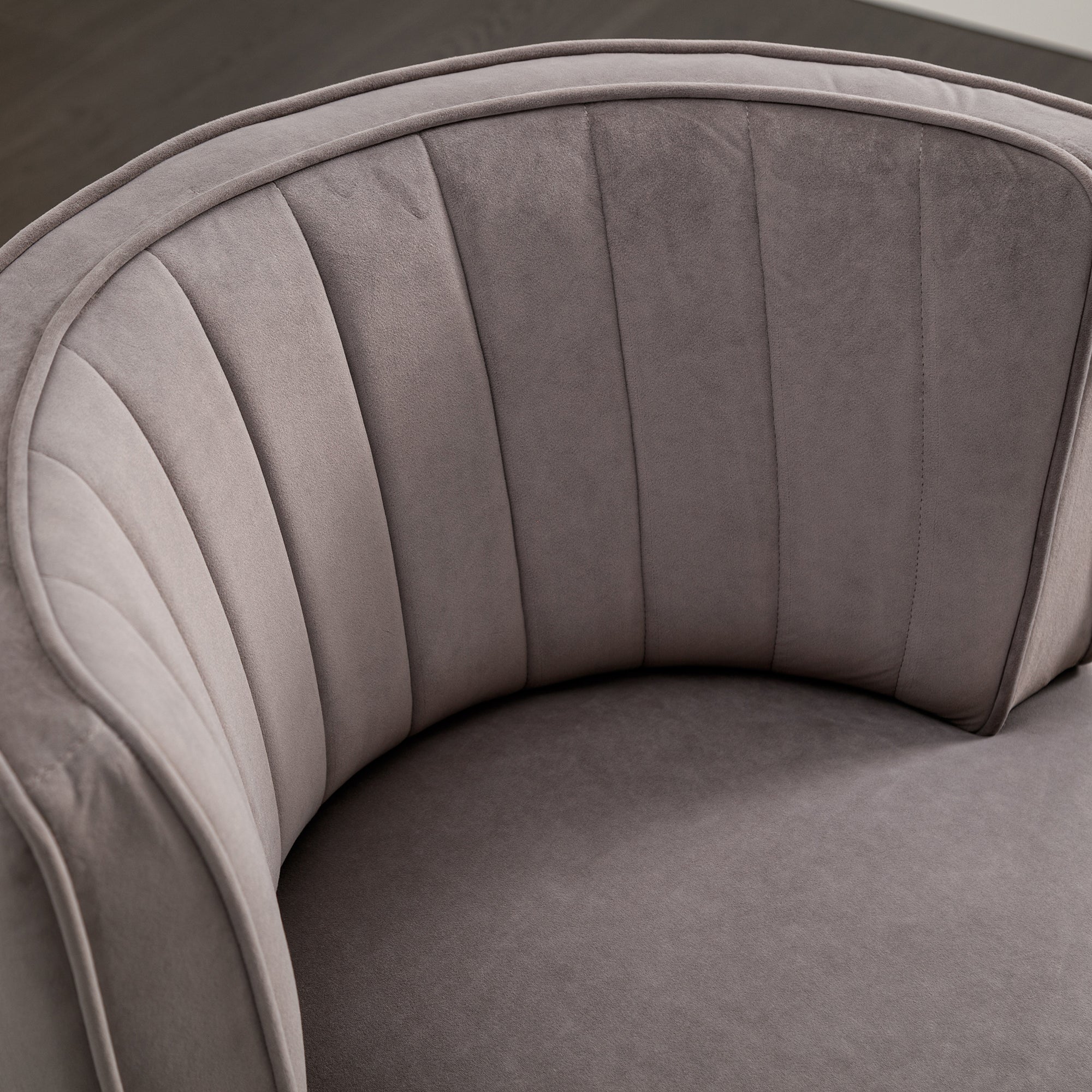 Gray velvet accent chair back view