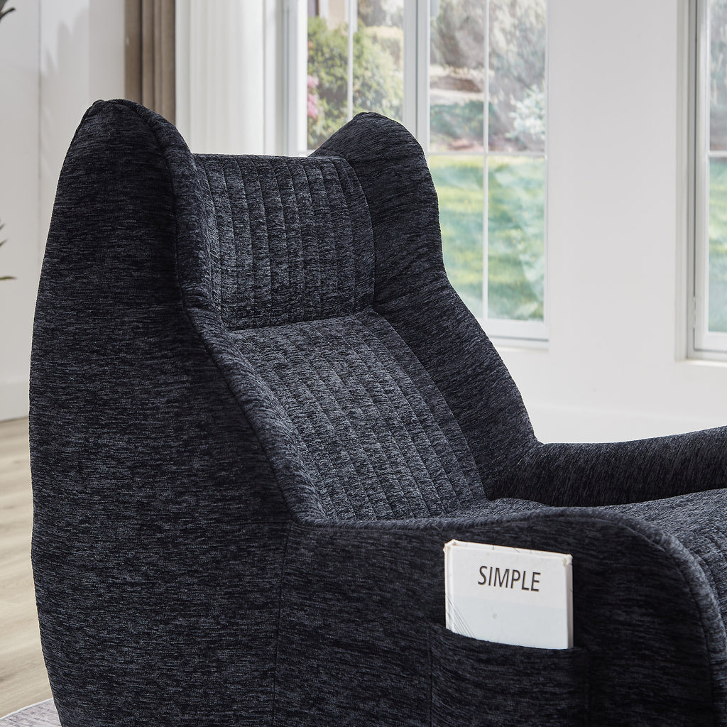 Black Chenille Bean Bag Chair with Armrests — Oversized Floor Sofa & Side Pocket — image 14