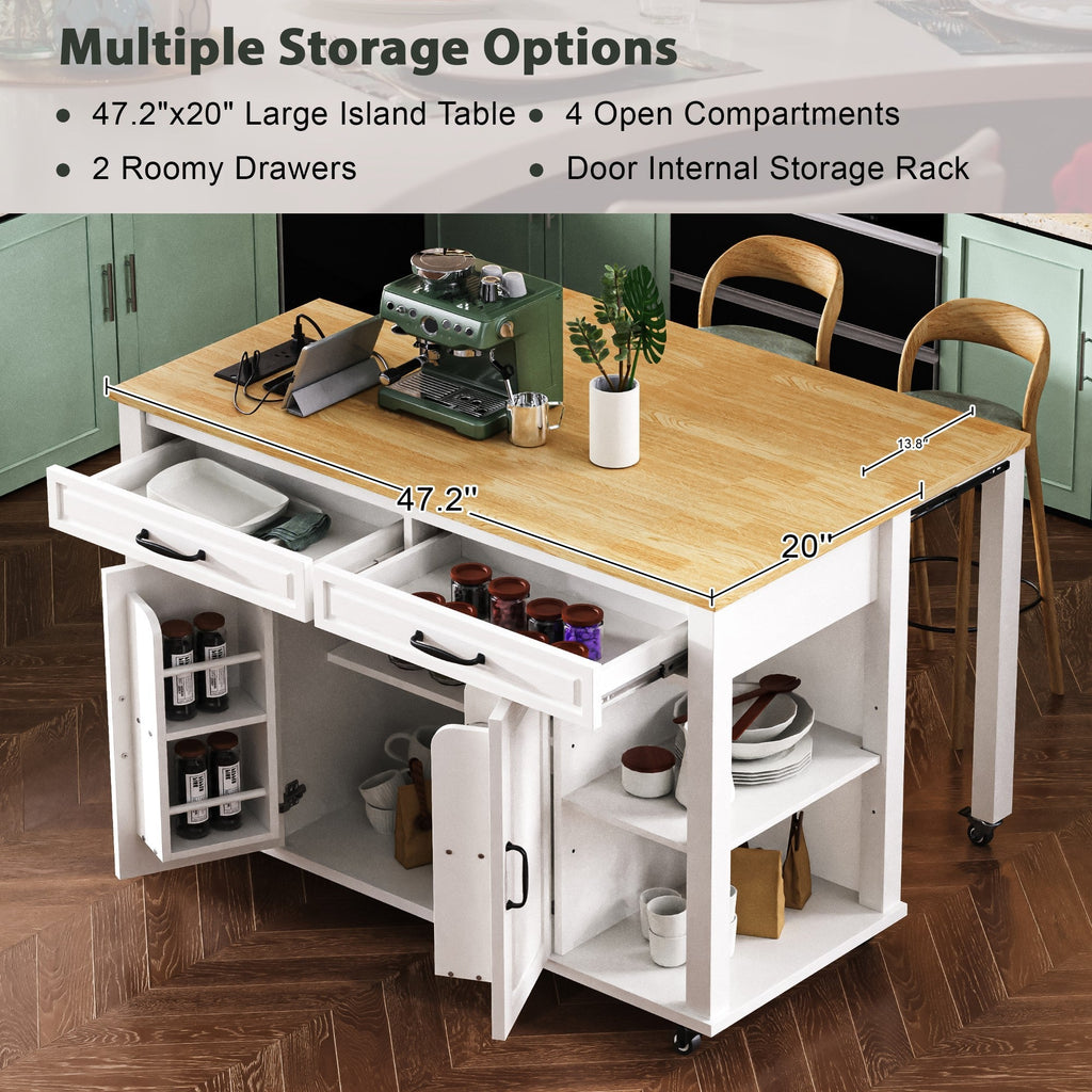 K&K 47 inch Kitchen Island with Extendable Dining Table, Rubber Wood Veneer Kitchen Table with Internal Storage Rack, Power Outlet, Kitchen island with Storage 2 Drawers 2 Cabinet, Black