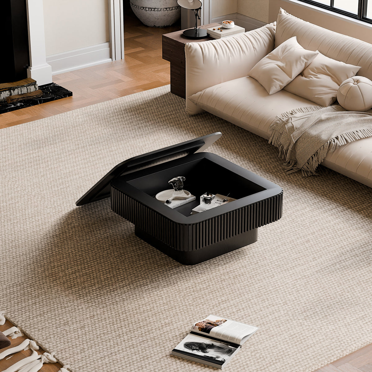 31.5'' Square Coffee Table with Storage Solid Wood Veneered Modern Coffee Table Accent Tea Table for Living Room, Bedroom, Apartment or Office, Natural Wood