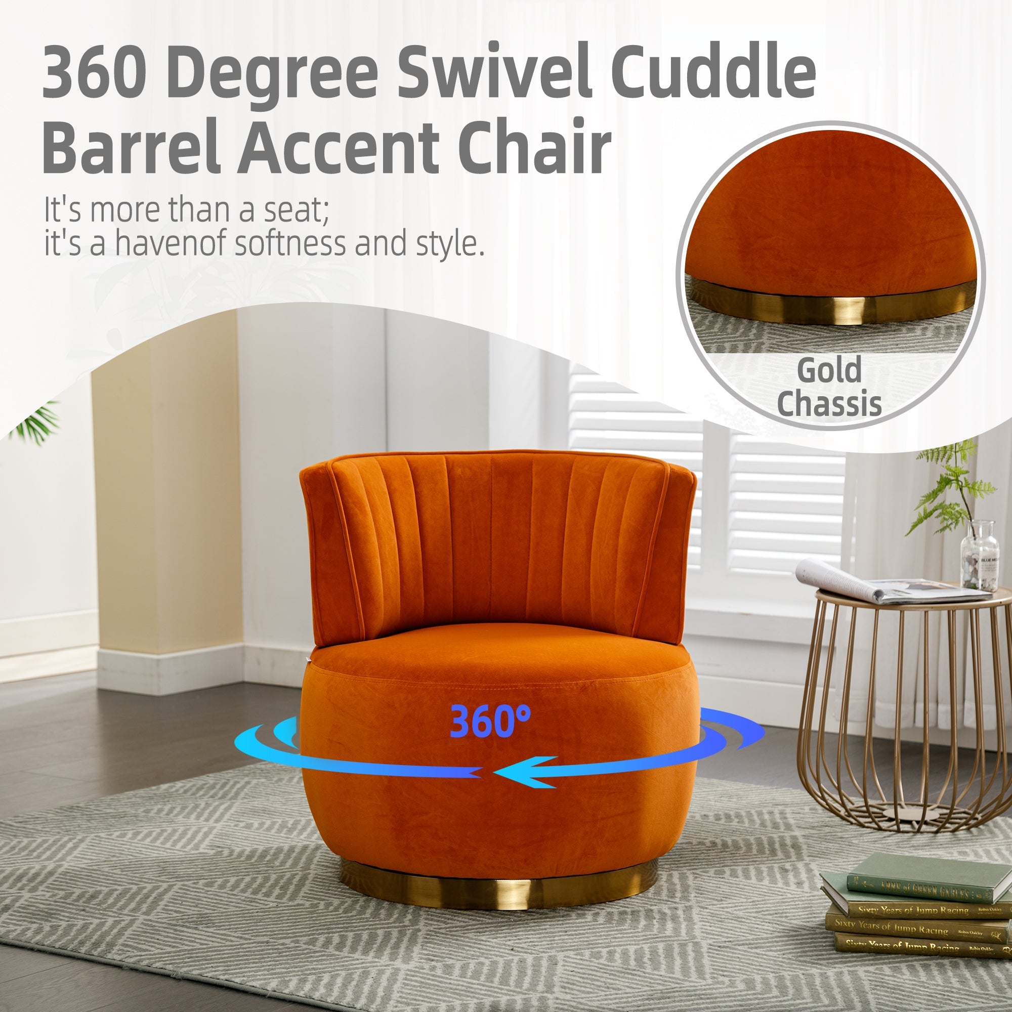 Velvet Swivel Barrel Chair — 360° Round Accent