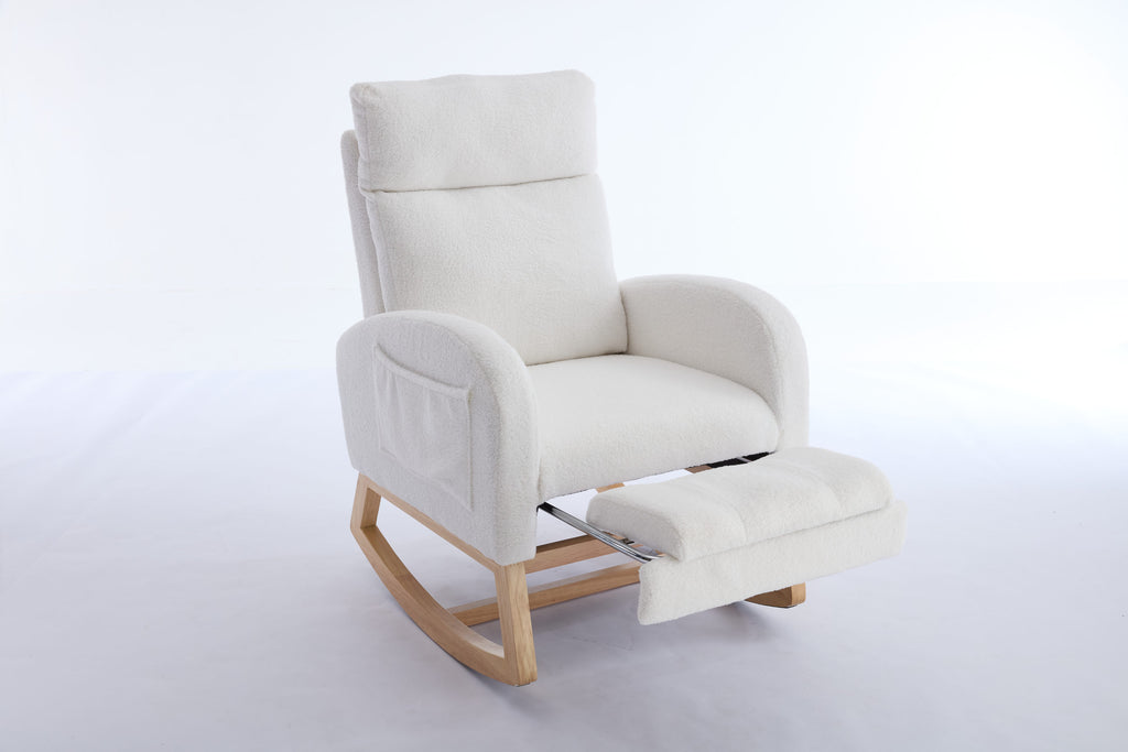 White teddy nursery rocker — close-up seating detail
