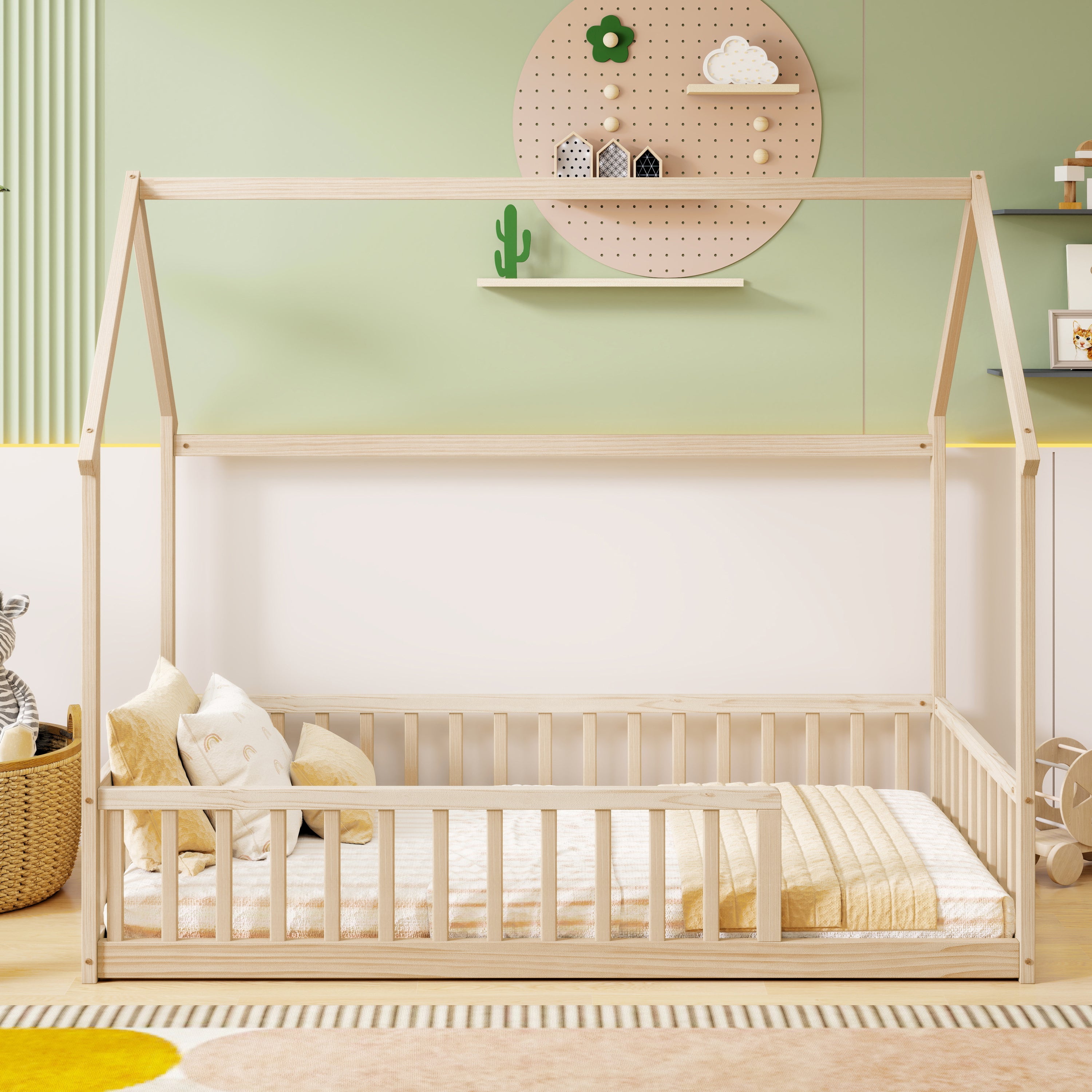 Twin Size House Floor Bed with Roof Frame ,Pine Wood Floor Bed with Safety Guardrails,Natural