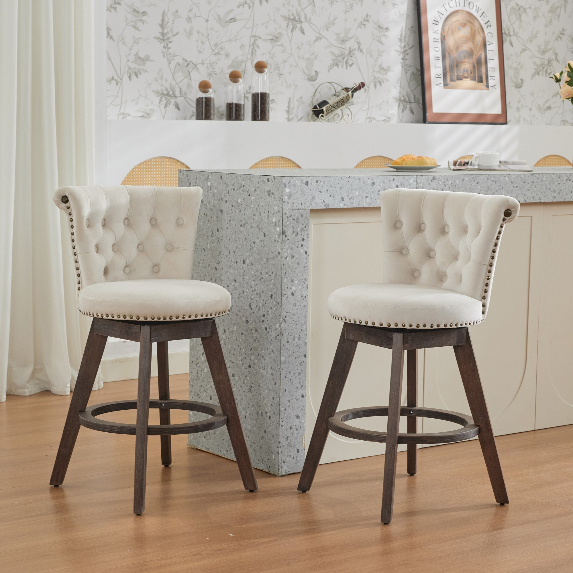 26' Counter Height Bar Stools Set of 2, 360° Swivel Stools with Back & Hand - Tufted Button - Trimmed Edges, Upholstered Velvet Kitchen Counter Stools on Wood Legs,Beige,SW1868BG