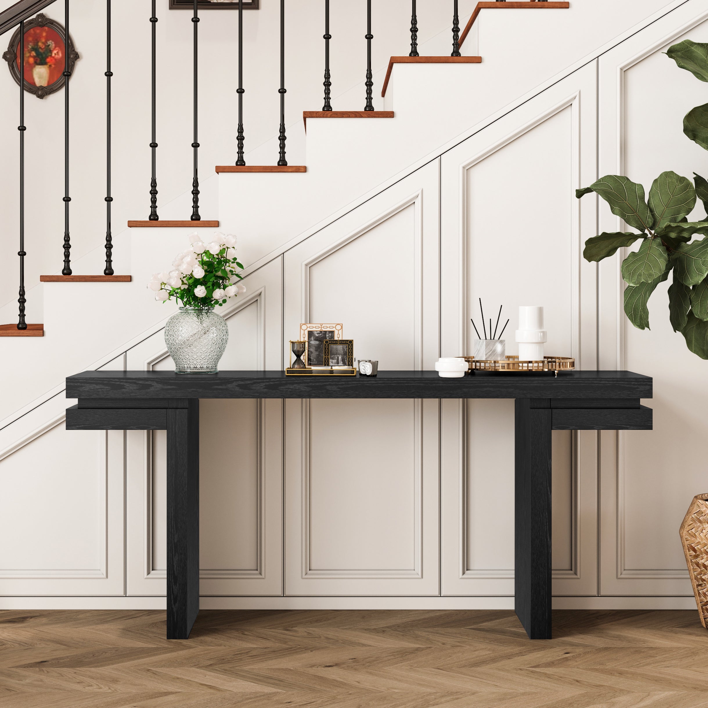 Extra-wide black console table minimalist entryway overview