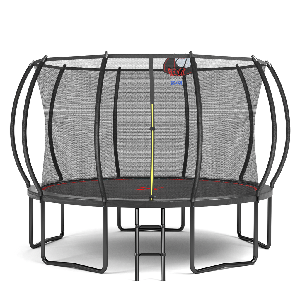 12ft black red outdoor pumpkin trampoline with basketball hoop — front view