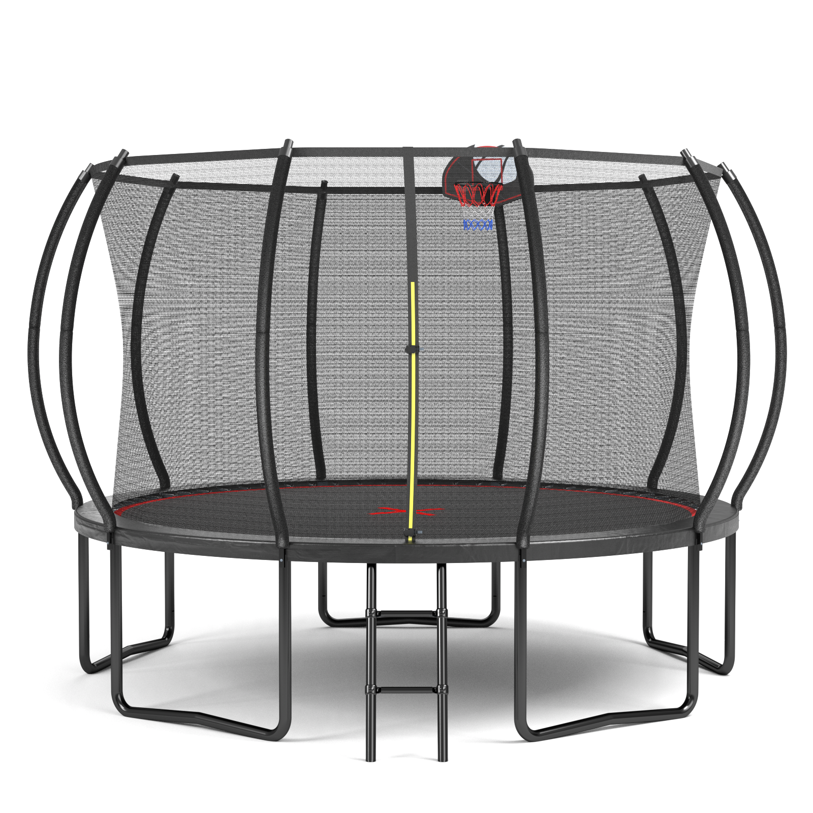 12ft black red outdoor pumpkin trampoline with basketball hoop — front view