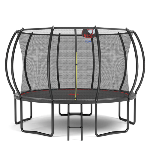 12ft black red outdoor pumpkin trampoline with basketball hoop — front view