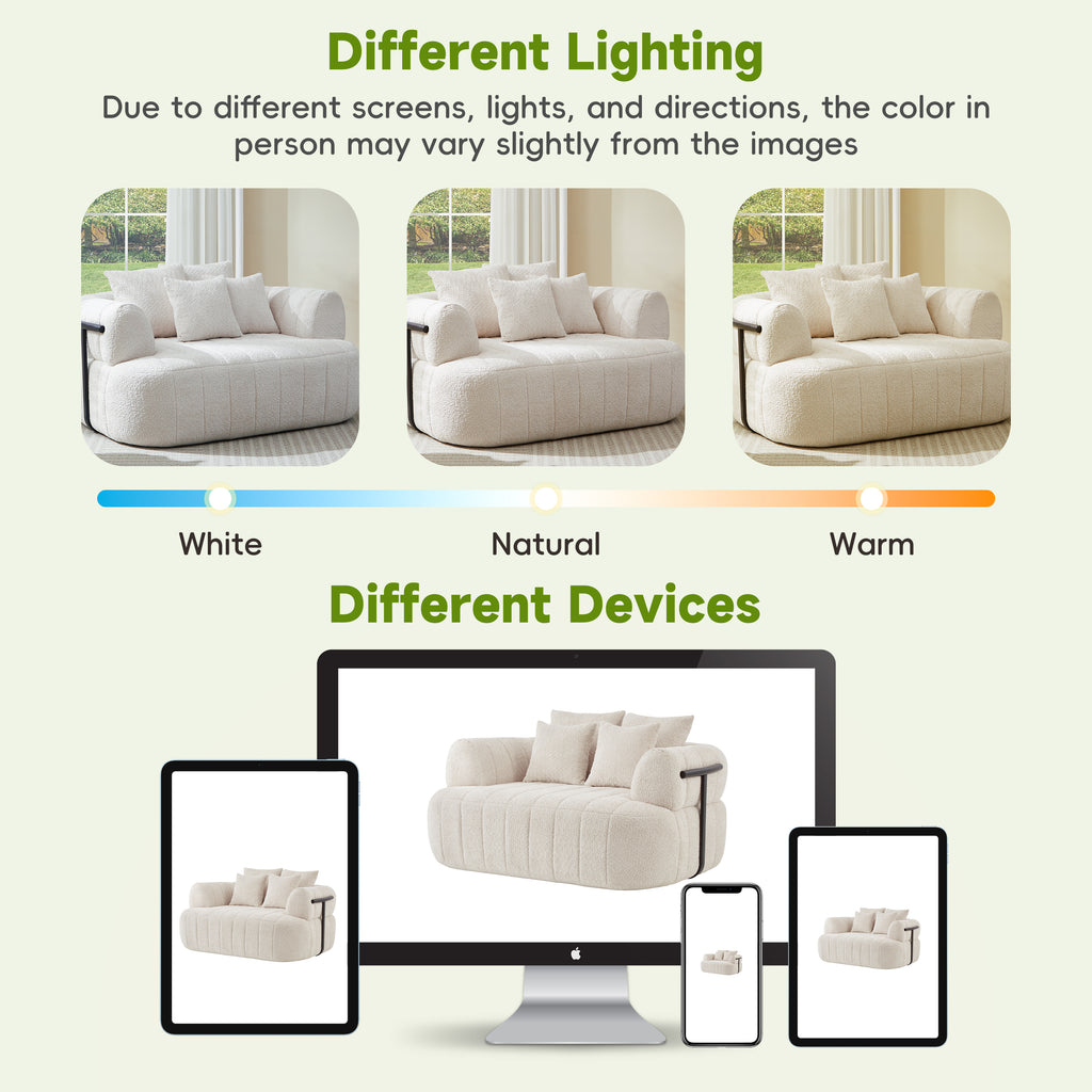 Boneless sofa chair beige boucle recessed arms profile