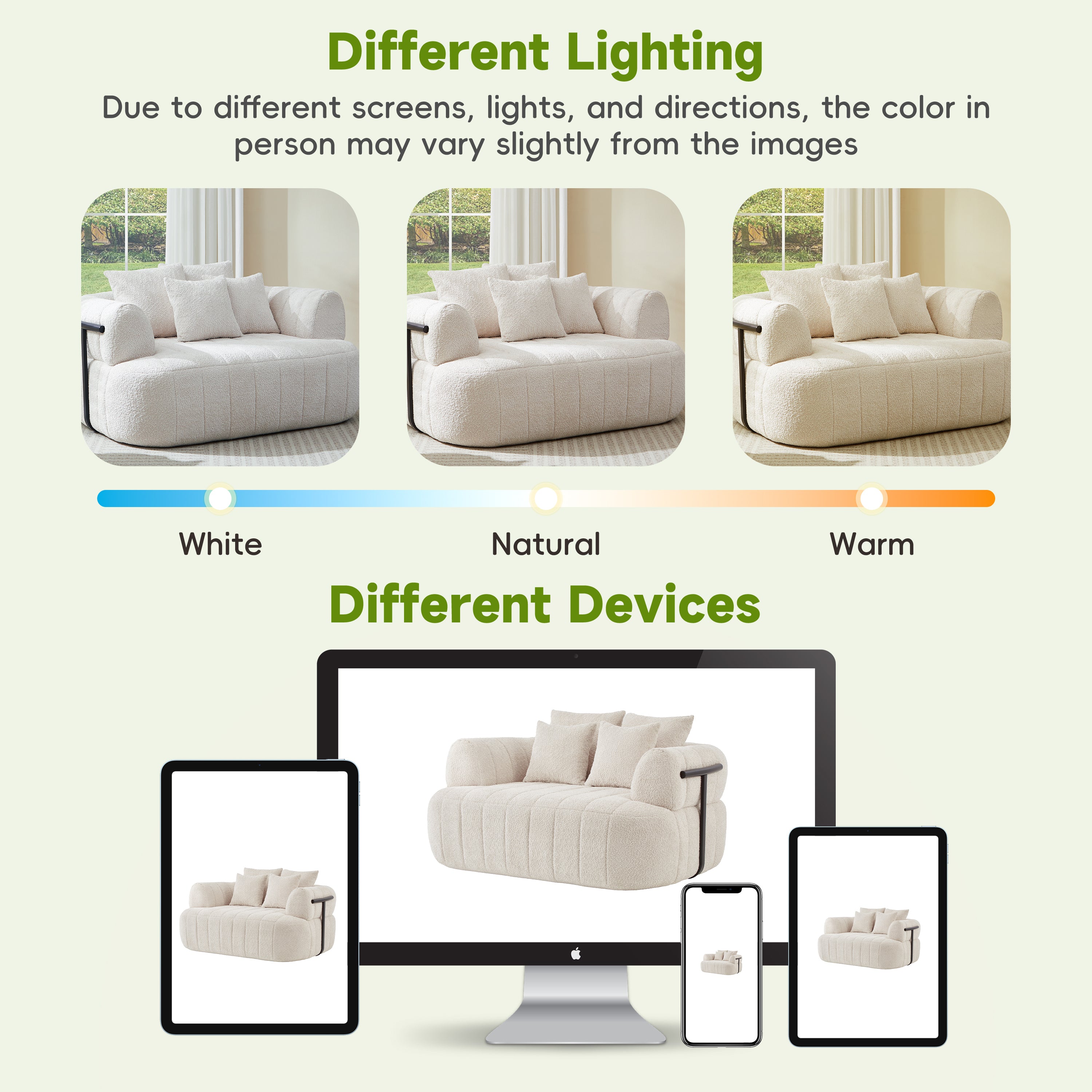 Boneless sofa chair beige boucle recessed arms profile