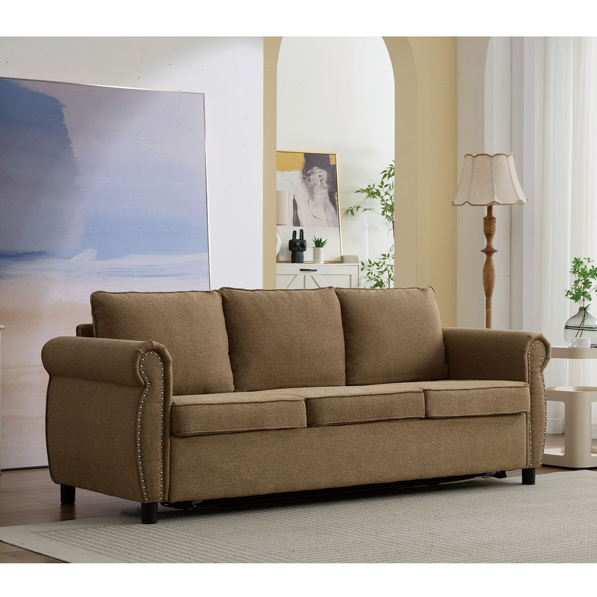 [NEW ARRIVED] [VIDEO PROVIDED] 81.5' 2-in-1 Queen Convertible Sleeper Sofa Bed, Pull Out Couch Bed,3 seater sofa bed,with 3.35' Memory Foam Mattress ,Rivet handrail,Beige(Old sku:W2108S00091)