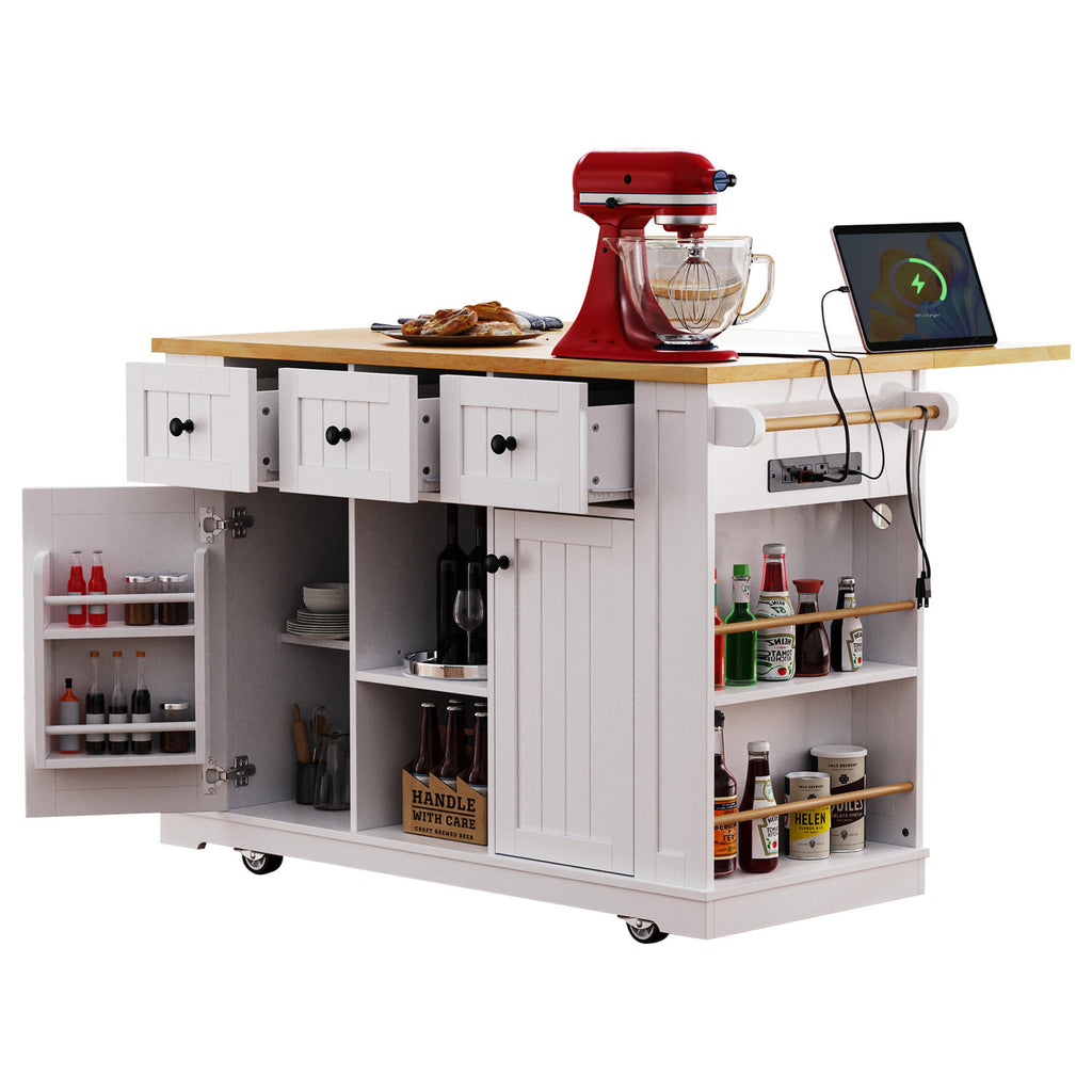 K&K 53inch Large Kitchen Island with Drop Leaf,Power Outlet,Door Internal Storage Rack,Rolling Kitchen Cart on 5 Wheels with 5 Open Side Racks for Kitchen,Black(Two Packages)(Stools not included)