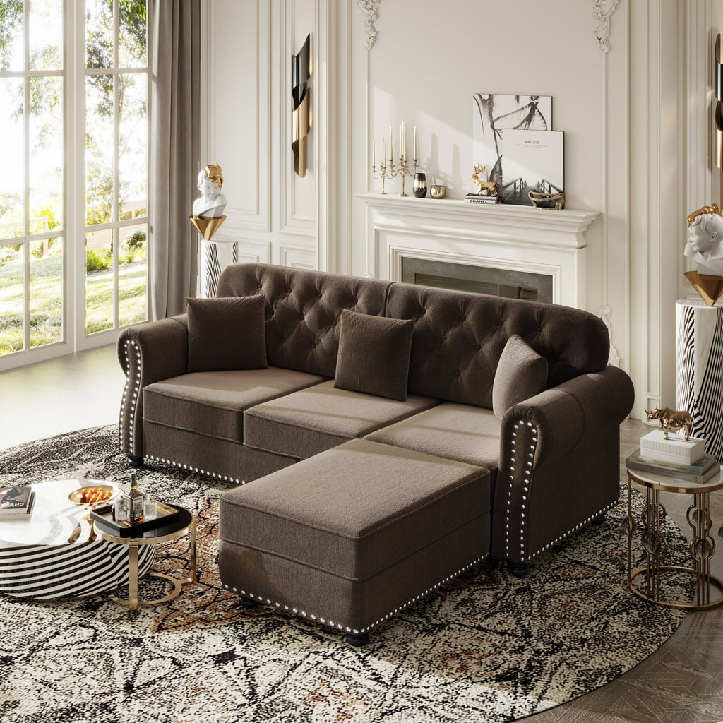 82.6'Upholstered Velvet Sofa with Nailhead Trim and Rolled Armrests,Mid-Century Modern Chesterfield Sofa with Button Tufted,Includes 3 Pillows,Burgundy