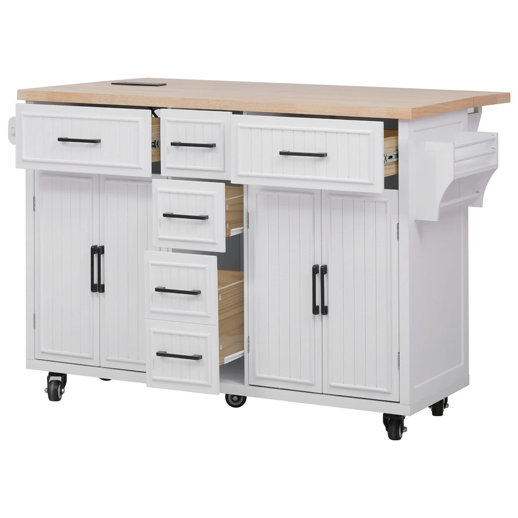 K&K 56.5'' Kitchen Island with Drop Leaf, Power Outlet, Embossed Vertical Stripe Rolling Kitchen Cart on Wheels with 4 Doors , 5 Deep Drawers and Adjustable Shelves, for Kitchen, Dining Room, Black