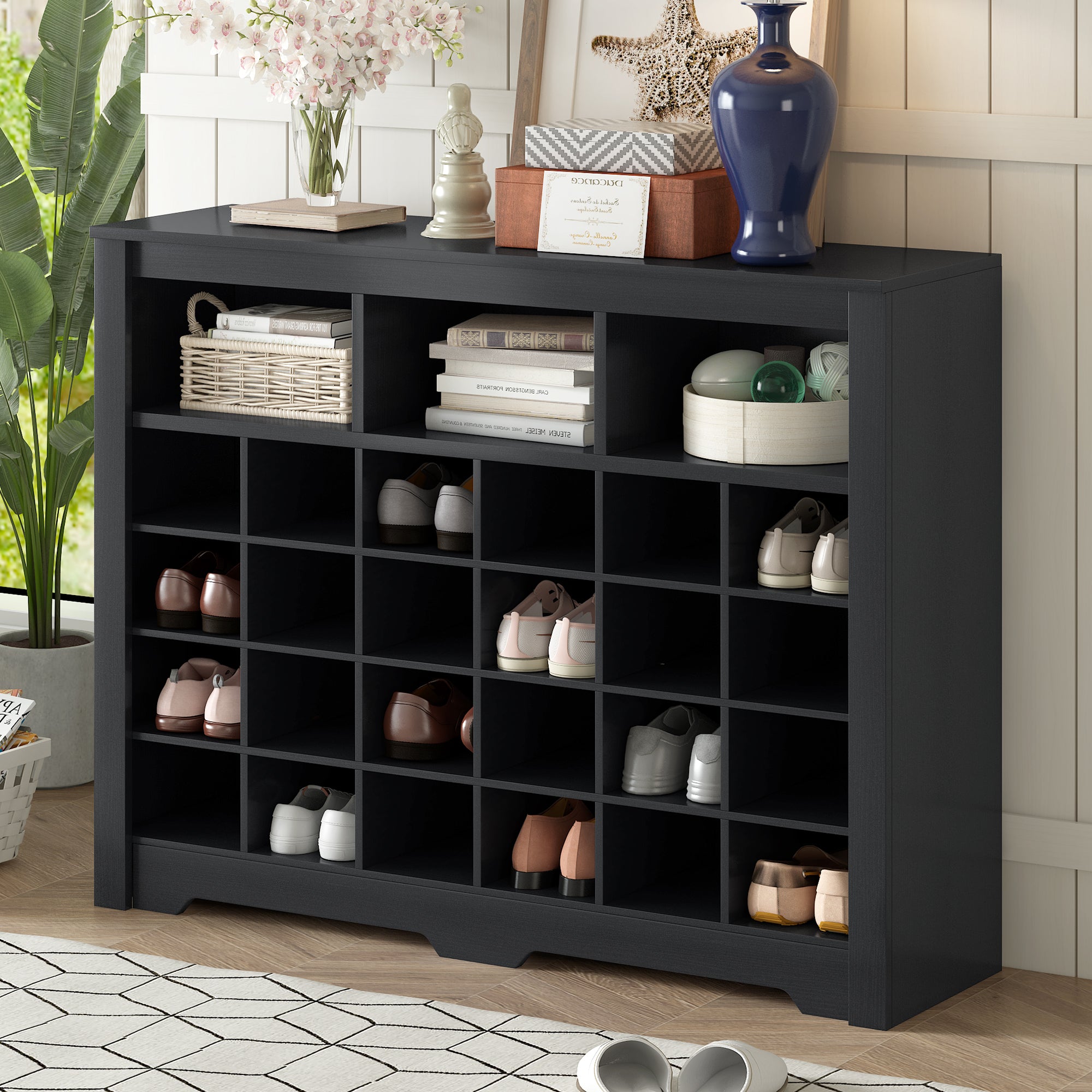 Black 24-shoe cubby console cabinet — front view