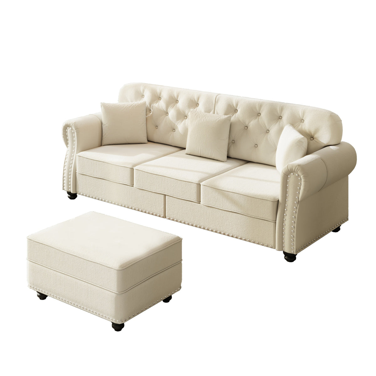 82.6'Upholstered Velvet Sofa with Nailhead Trim and Rolled Armrests,Mid-Century Modern Chesterfield Sofa with Button Tufted,Includes 3 Pillows,Burgundy
