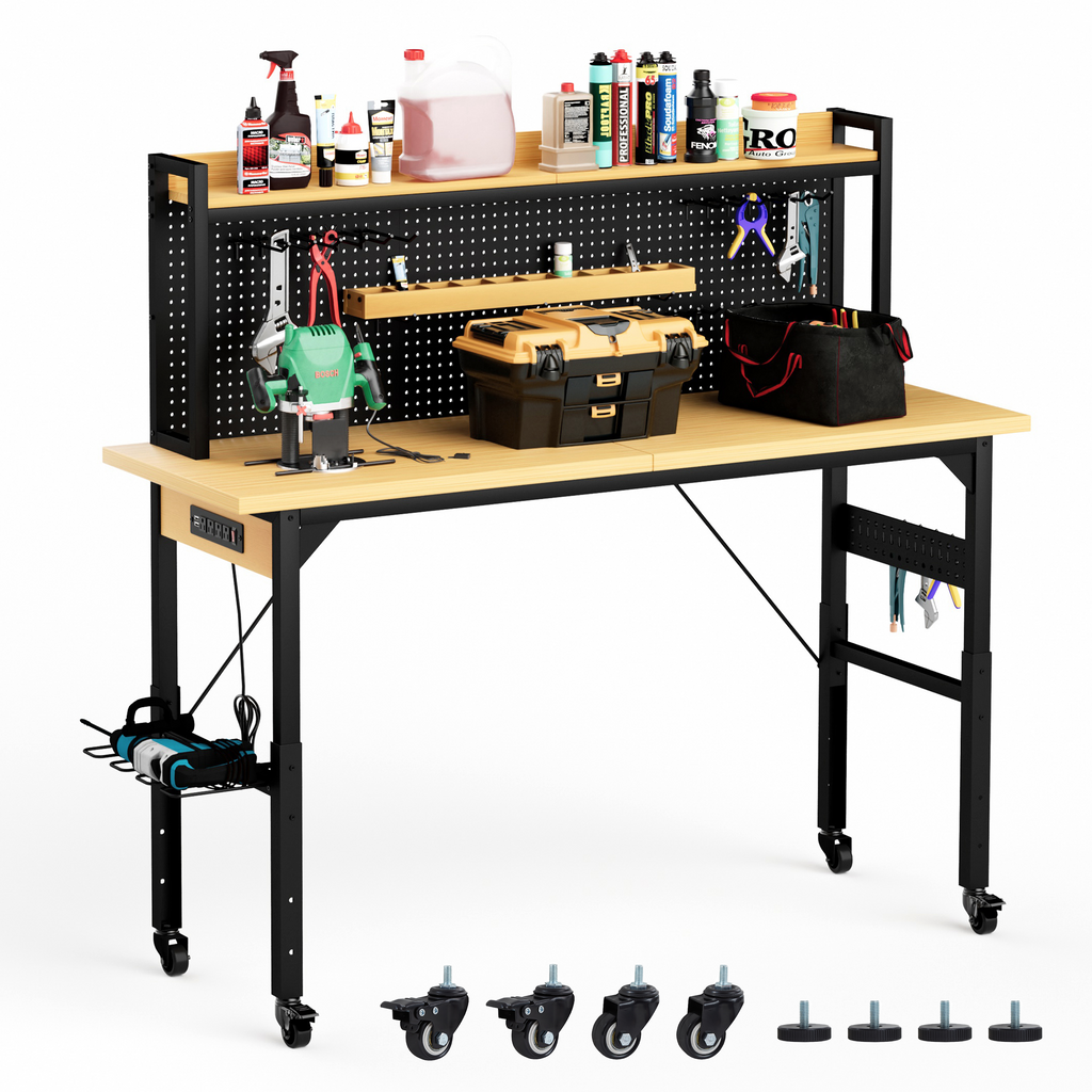 71-inch adjustable workbench with pegboard and power outlets — front view